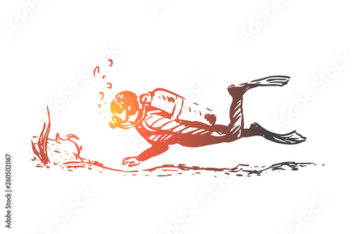 Scuba, diving, underwater, sport, sea concept. Hand drawn isolated vector.