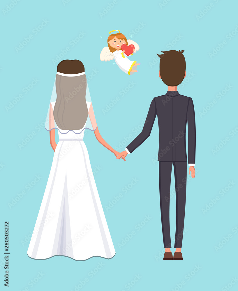 Angelic child with heart and wings vector, man and woman at wedding. Couple getting married, cupid with halo, bride and groom holding hands of each other Angelic child with heart and wings vector, man and woman at wedding. Couple getting married, cupid with halo, bride and groom holding hands of each other