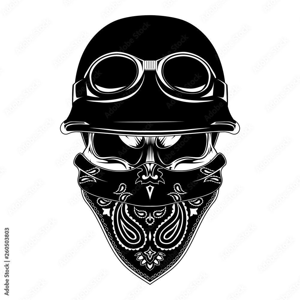 Vector image of a skull in a motorcycle helmet with a bandana on the face.  Black and white image on a white background. Stock Vector | Adobe Stock