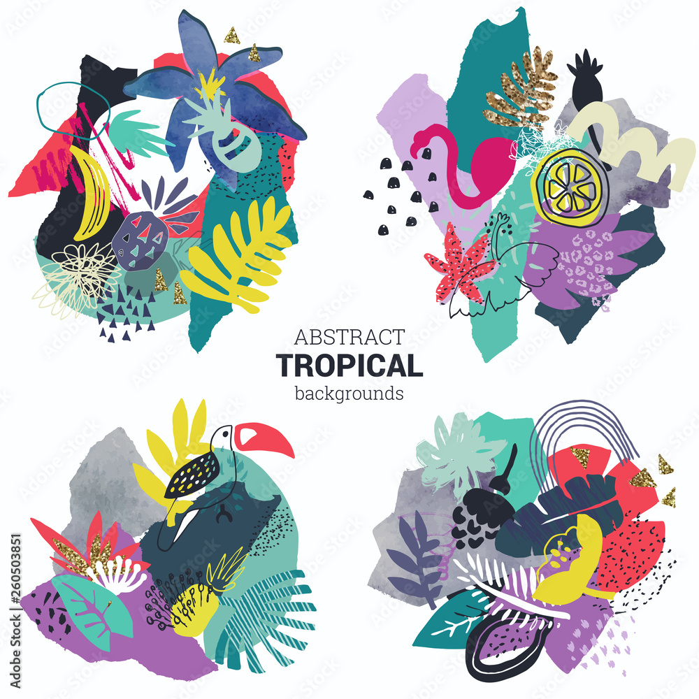 Obraz premium Vector collection of tropical plants, flowers. birds, hand painted texture compositions.