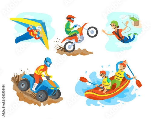 Extreme sports set vector, man riding a quad bike male on motorcycle. Woman bungee jumping, hang gliding person and water rafting hobby summer hobby