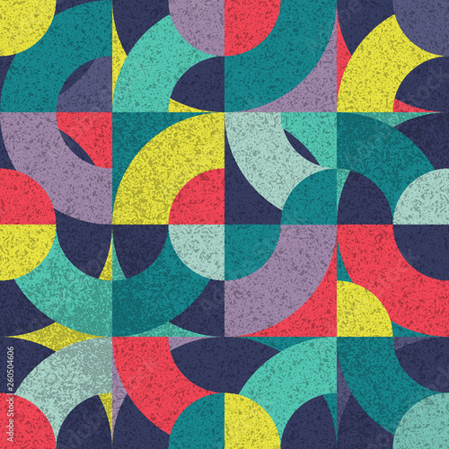 Vector seamless pattern with colorful geometric shapes and grunge texture.