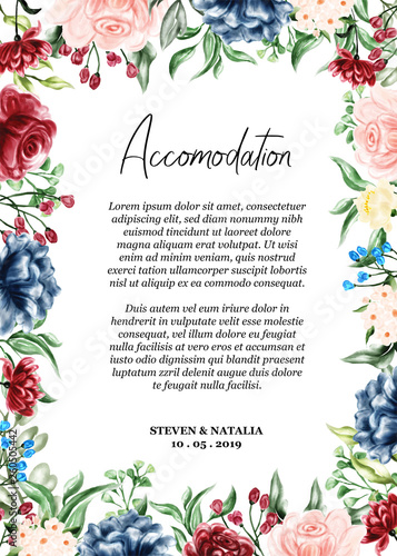 watercolor floral frame illustration, accommodation wedding card