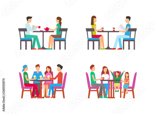 People relaxing in pub drinking beer vector. Restaurant with family, child eating ice cream, father drinking tea Couple with served latte beverage