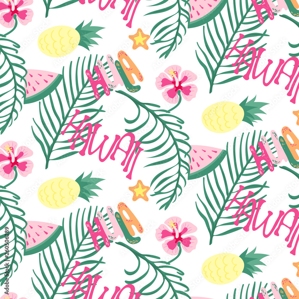 Naklejka premium Beach Hawaii cheerful seamless pattern wallpaper of tropical dark green leaves of palm trees and flowers bird of paradise, plumeria on white background. For textile print, clothes, fashion