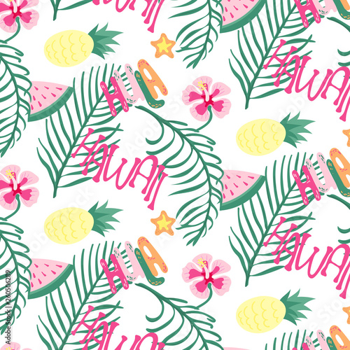 Beach Hawaii cheerful seamless pattern wallpaper of tropical dark green leaves of palm trees and flowers bird of paradise, plumeria on white background. For textile print, clothes, fashion