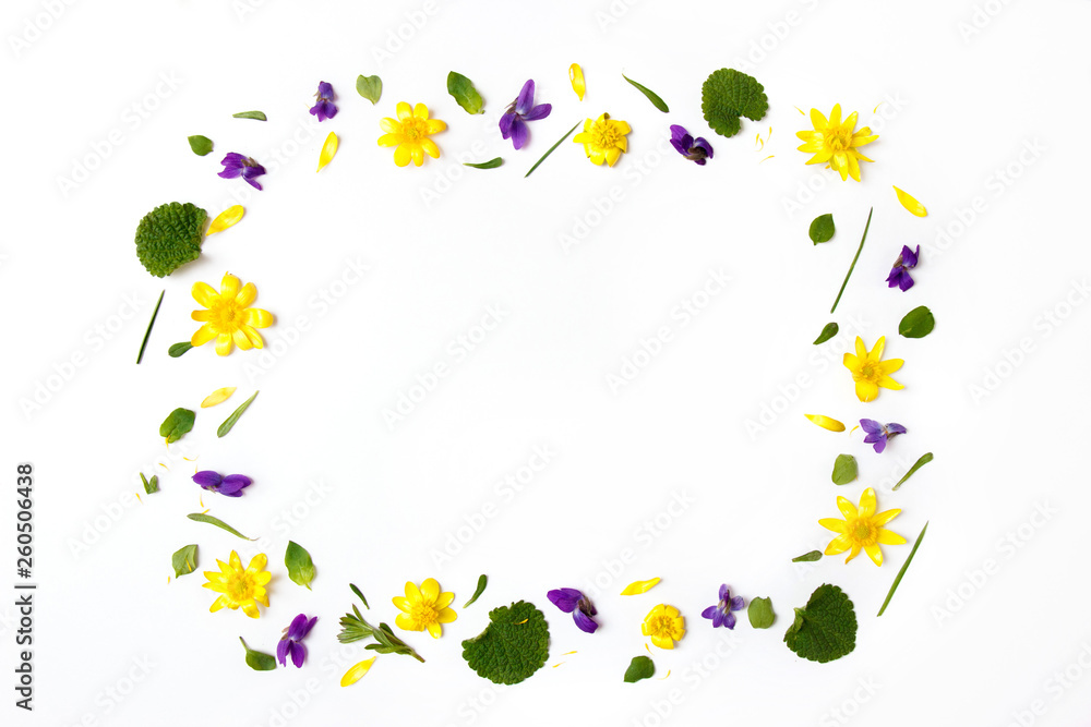 Flowers composition. Wreath made of yellow flowers on white background. Flat lay, top view, copy space Flowers composition. Wreath made of yellow flowers on white background. Flat lay, top view, copy space