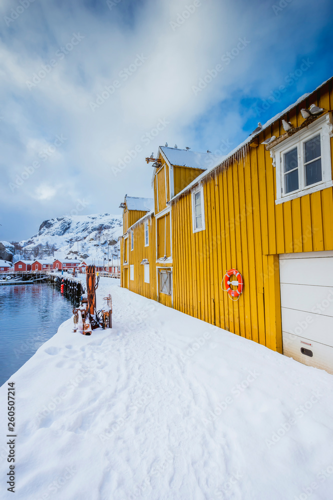 Very beautiful bay in the sea with yellow houses on the coast, winter time