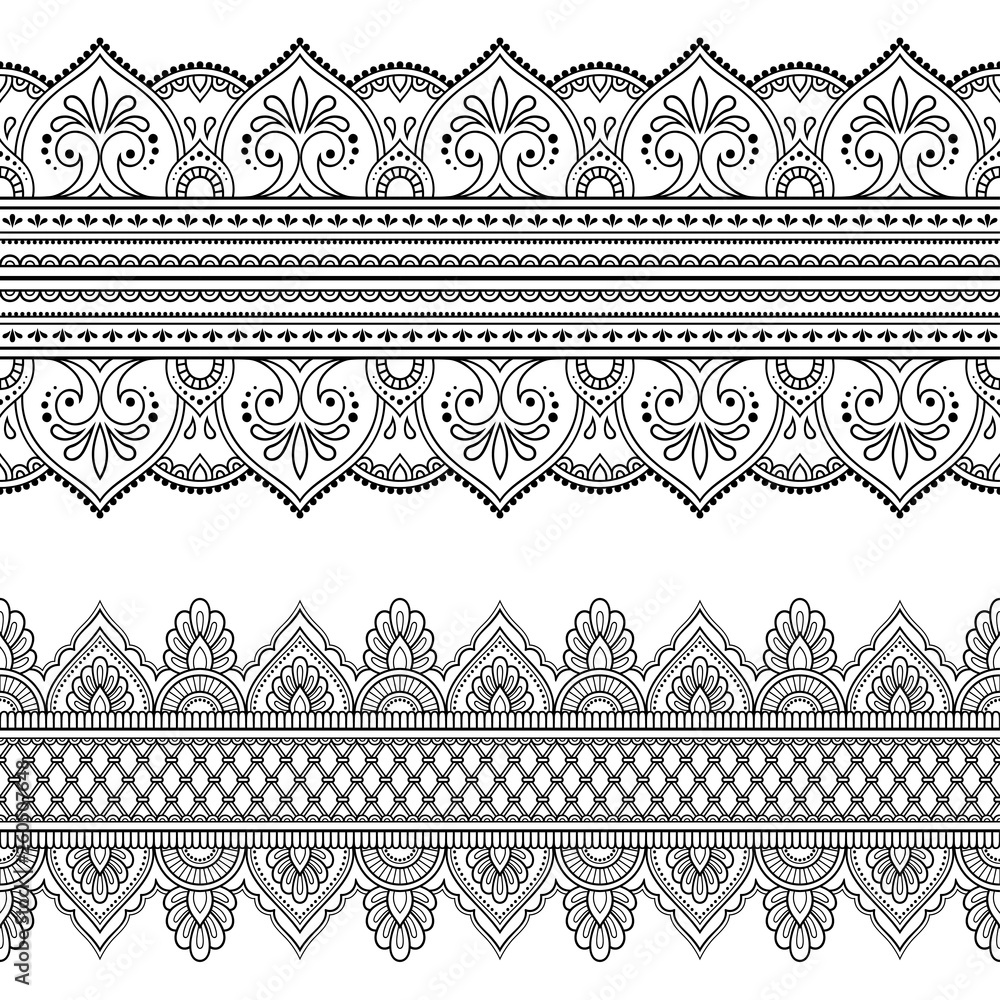 Fototapeta Set of seamless border ornament for design, Henna drawing, Mehndi and tattoo. Decorative pattern in ethnic oriental, Indian style.