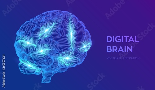 Brain. Digital brain. 3D Science and Technology concept. Neural network. IQ testing, artificial intelligence virtual emulation science technology. Brainstorm think idea. Vector illustration.