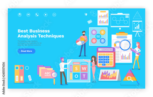 Business analytics technique vector, people dealing with optimization and marketing of product. Infographics on document, searching of info, finance