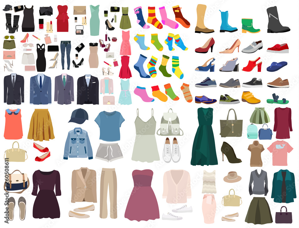 vector, isolated, set of clothes and shoes - obrazy, fototapety, plakaty 