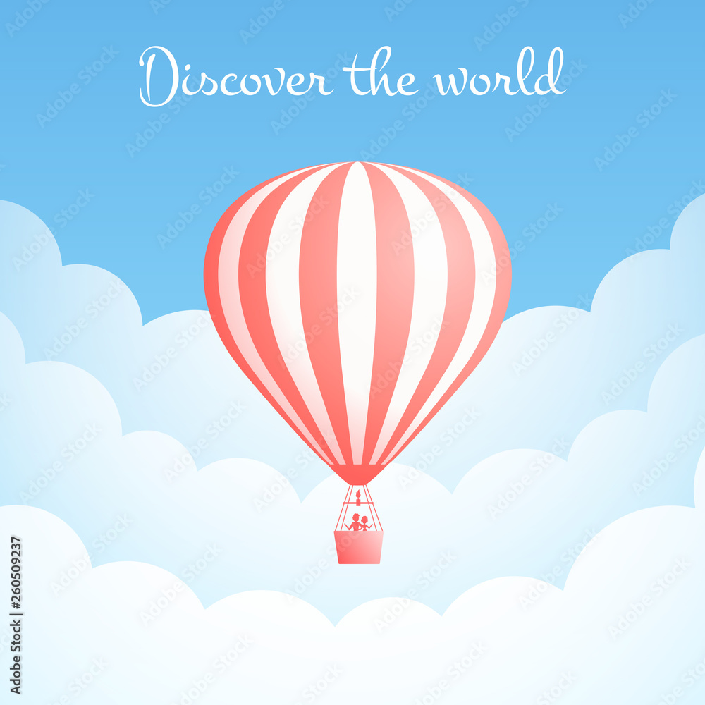 Fototapeta premium Hot air balloon cloud travel vector illustration. Carnival entertainment social media banner or romantic adventure offer with red hot air balloons in white cloud on blue sky. Clipping mask applied.