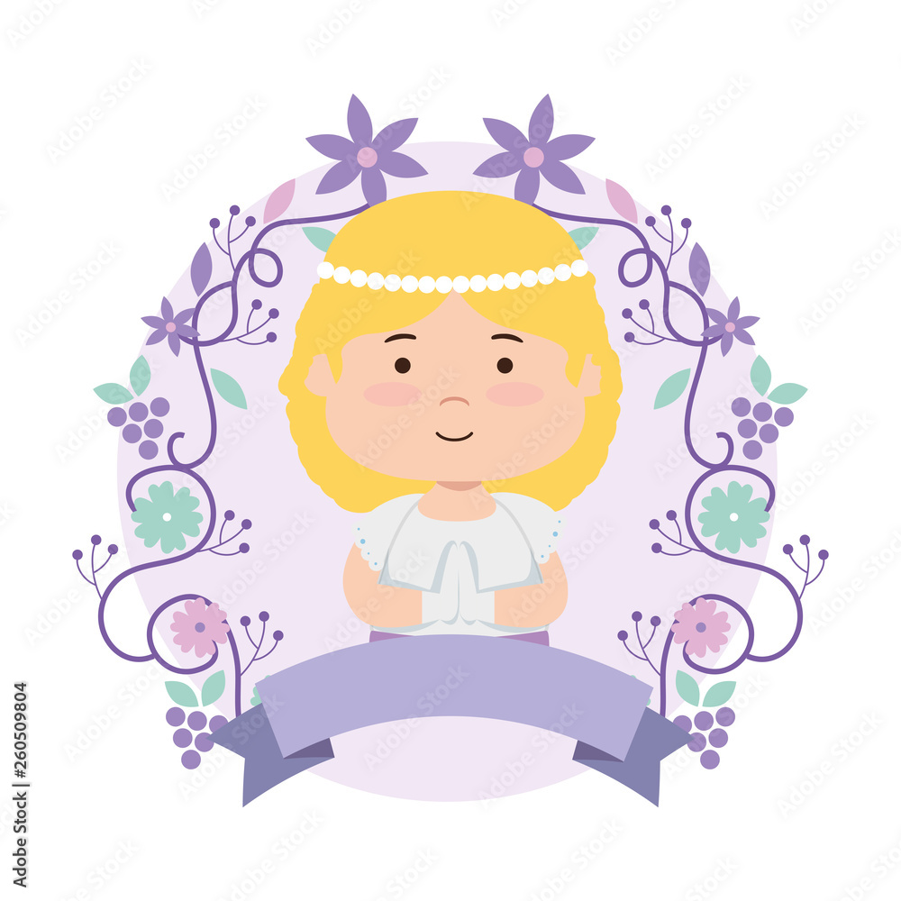 little girl with wreath flowers first communion little girl with wreath flowers first communion