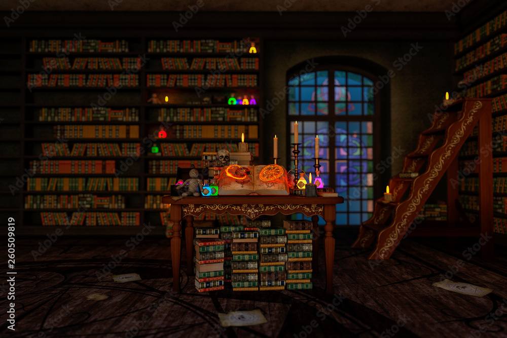 mystic room or alchemist`s study room with candles, books, bottles and