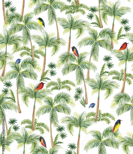  Watercolor pattern with bright birds sitting on palm trees. Perfect for textiles.