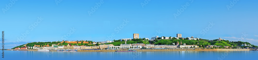 Nizhny Novgorod panoramic view. View of the Nizhnevolzhsk embankment, and Nizhny Novgorod Kremlin. Nizhny Novgorod is fifth largest city in Russia