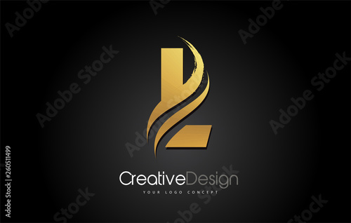 Gold Metal L Letter Design Brush Paint Stroke. Letter Logo on Black Background