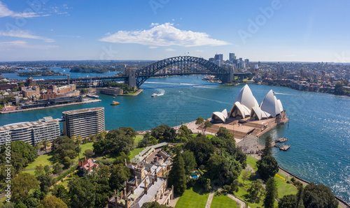 Aerial view from the Parade Ground gardens looking towards the beautiful harbour in Sydney, Australia