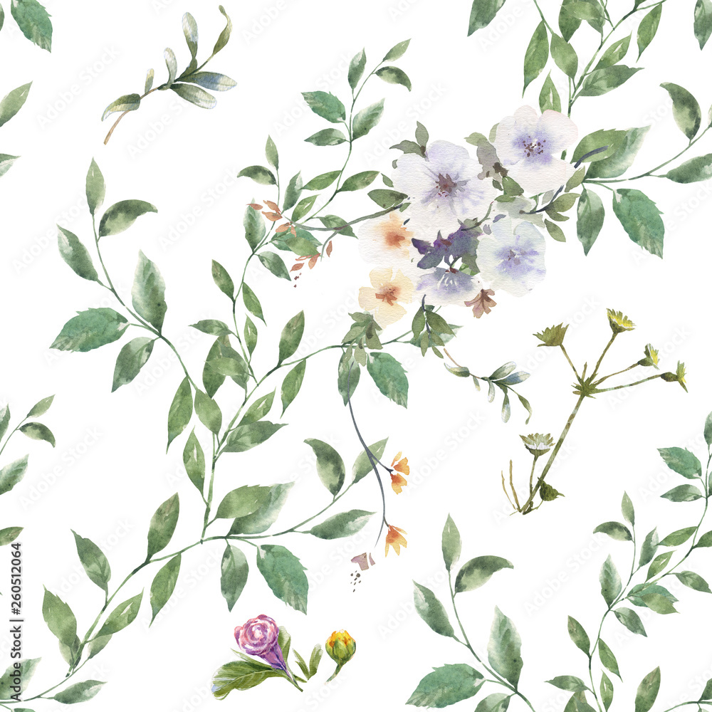Watercolor painting of leaf and flowers, seamless pattern on white background Watercolor painting of leaf and flowers, seamless pattern on white background