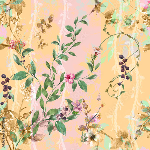 Watercolor painting of leaf and flowers  seamless pattern