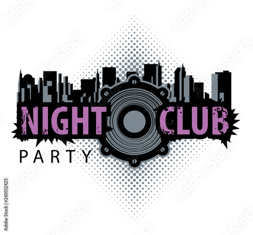 Vector logo for a night club with speaker over modern city background. Can be used for flyer, playbill, poster, t-shirt design, banner