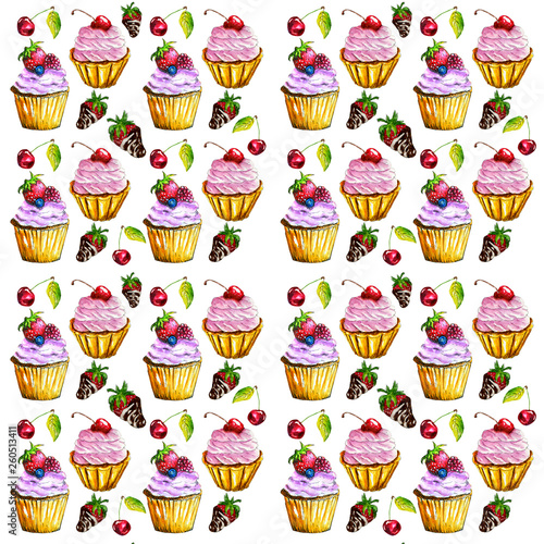 seamless pattern dessert sweetness food cupcake donut candy ice cream croissant macarons strawberry in chocolate watercolor illustration