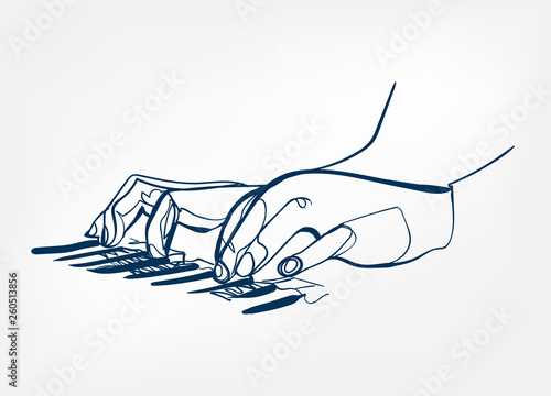 hands piano keys synthesizer sketch line vector design