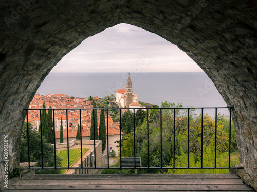 Old city of Piran spotted from town walls photo