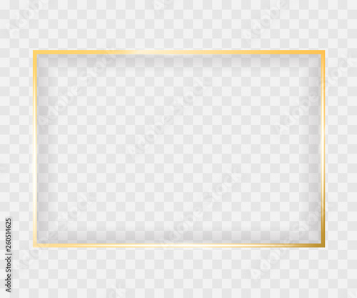 Gold shiny glowing rectangle frame isolated on transparent background. Vector border for creative design