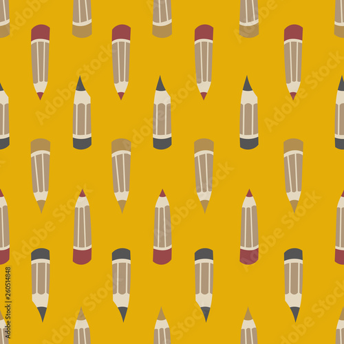 Cute seamless Scandinavian pattern with grey, red and yellow pencils. Yellow background. Flat cartoon style vector illustration.