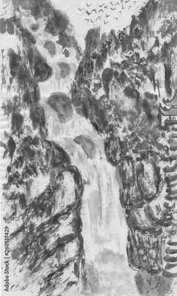 Mountain landscape, waterfall and pagoda.  Watercolor and ink illustration in style sumi-e, u-sin, go-hua. Oriental traditional painting. Monochrome