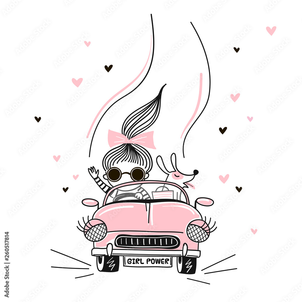 Cute little girl drive pink dolly car with dog Vector doodle