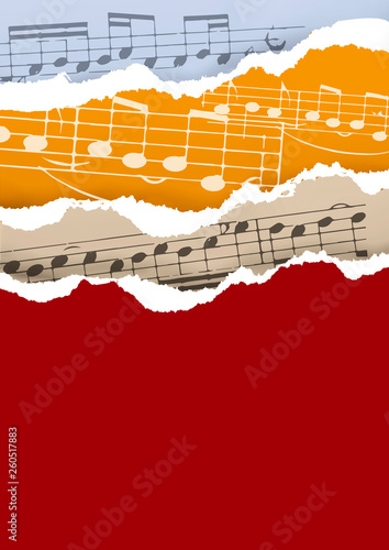 Ripped paper background with music notes. Illustration of several torn  music notes. Useful for music events. Vector available.