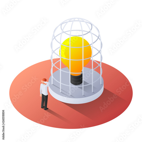 3d isometric businessman standing with Incandescent light bulb in the cage