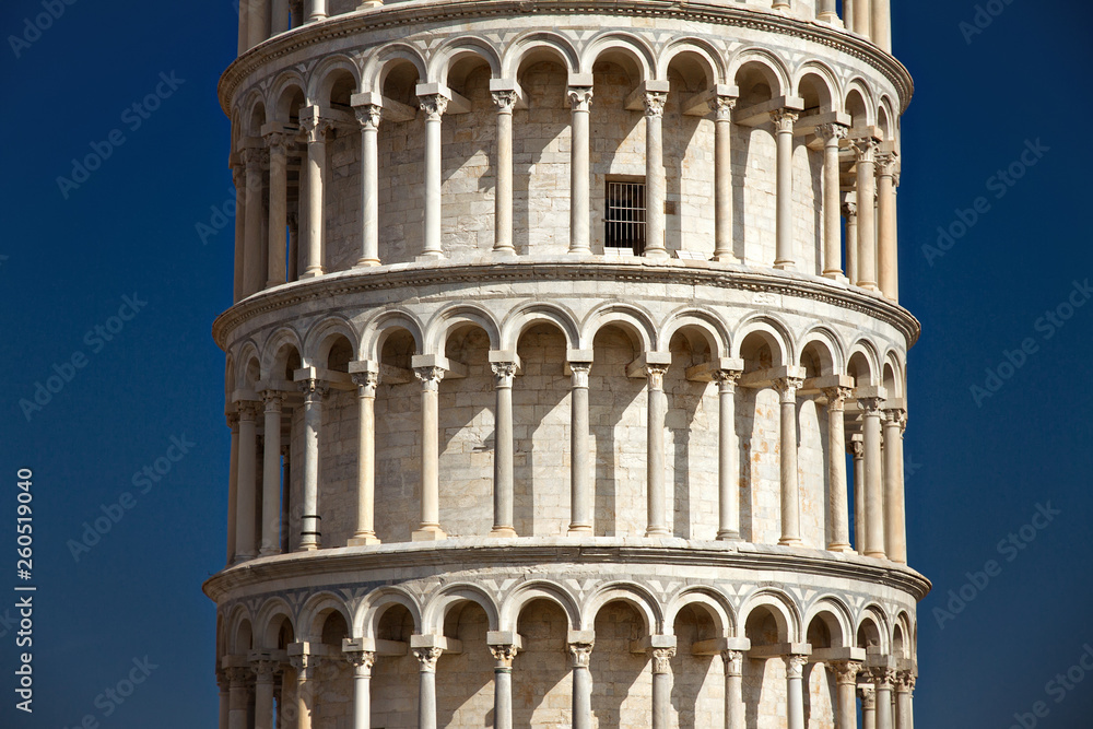 Pisa, Italy, February 2019, Close up view of the detailed on the main body of the leaning Tower of Pisa