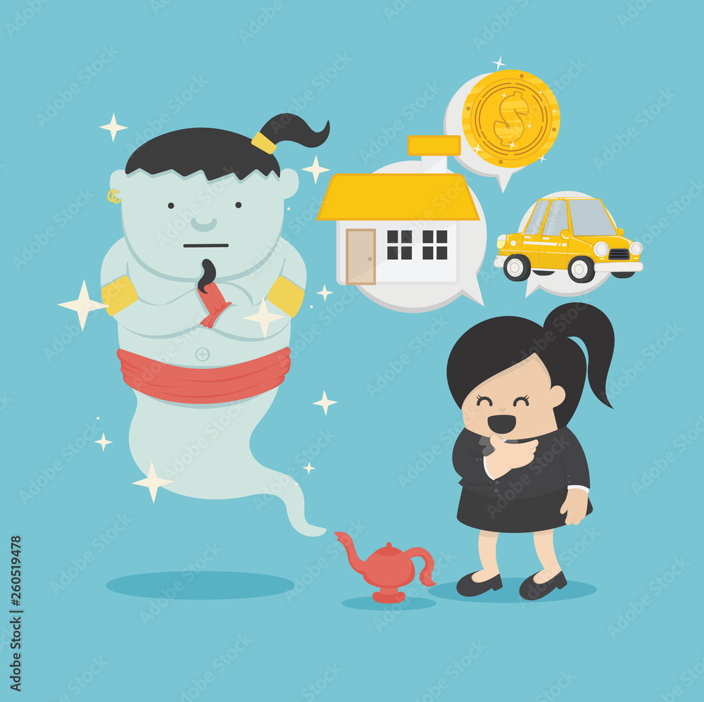 Illustration Concept businesswoman with aladdin's genie and Three wishes Illustration Concept businesswoman with aladdin's genie and Three wishes