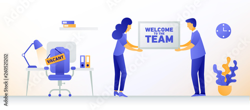 Welcome new employee. Man and woman are hiring new staff. Vacant place in an office. Workplace with a computer in the office.