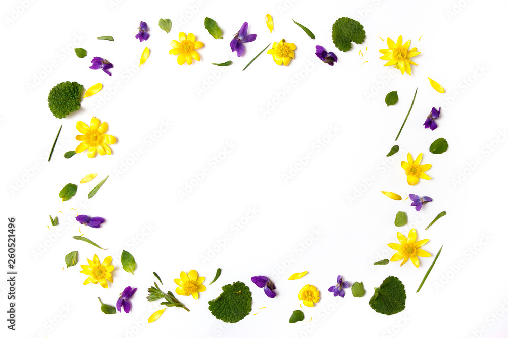 Floral composition. Yellow and violet flowers on white background. Flat lay, top view, copy space.