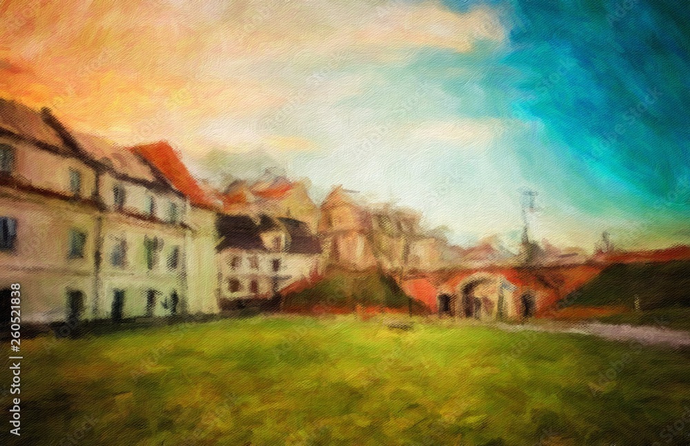 Beautiful old european town. Vintage cityscape. Oil painting original wall art print in large size for interior design decor. Impressionism modern pictorial. Contemporary mixed drawing on canvas.