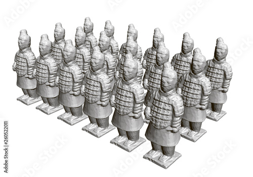 Group of terracotta warriors. Sculptures of ancient terracotta warriors. 3D. Isometric view. Vector illustration