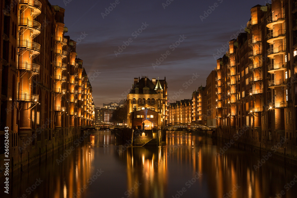 Speicherstadt of Hamburg, Germany at night