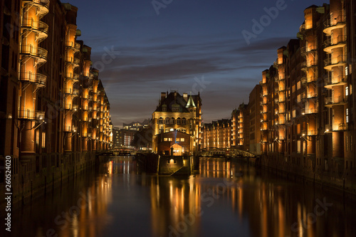 Speicherstadt of Hamburg, Germany at night