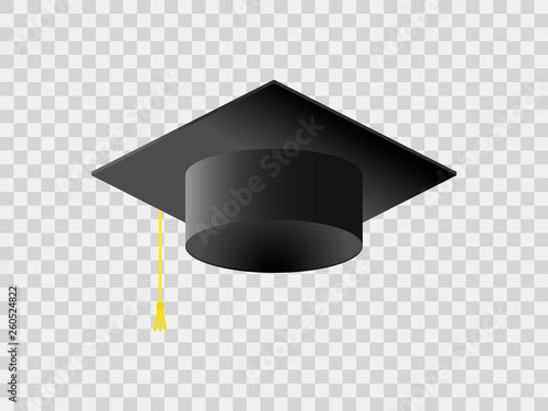 Black square academic cap isolated on light transparent background. Magistr hat. cum laude. Great Britain university, institute. University or high school graduation. realistic icon