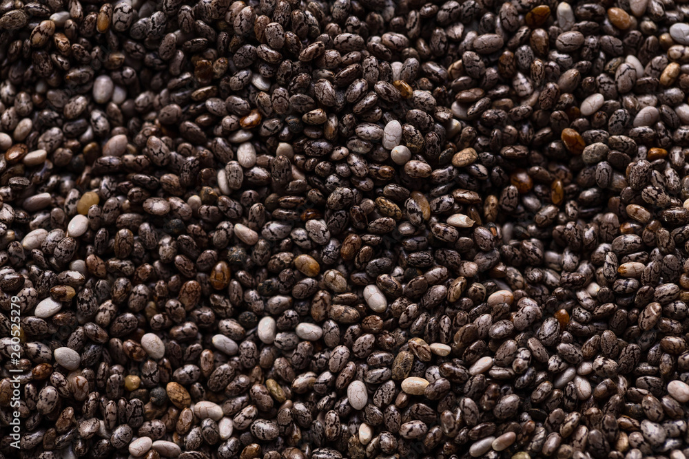 Chia seeds closeup. The texture of the seeds.