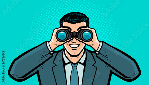 Businessman looks at the target through binoculars. Business vector illustration
