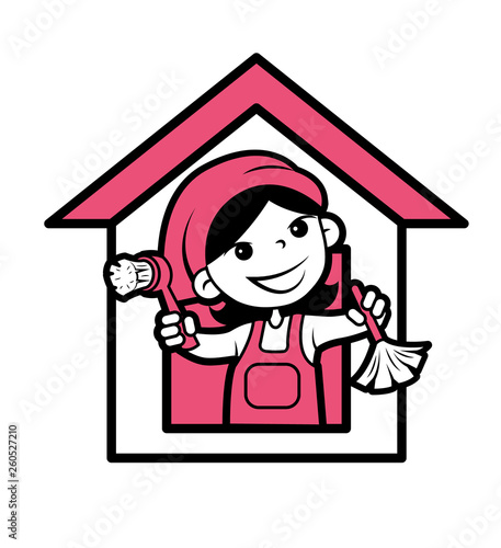 Happy Mother's Day. Happy housewife and mother, beautiful woman. Cartoon character cleaner holds dust brushes. Vector illustration on white background. - Vector