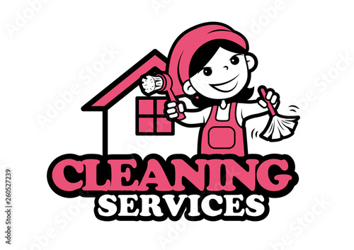 Happy housekeeper and hardworking woman cleaning services. Cartoon character cleaner holds dust brushes and house background. Vector illustration on white background. - Vector