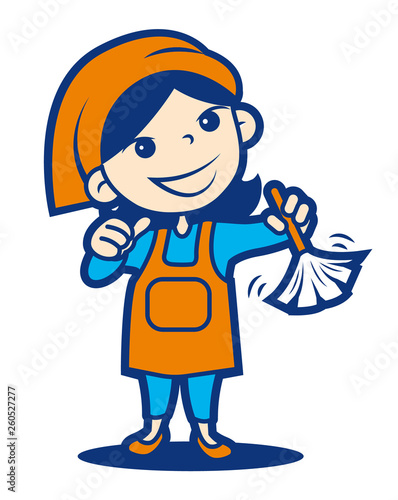Happy mother's day. Proud mother holds a feather duster. Strong mother and confidence housewife on white background. Housekeeper vector illustration