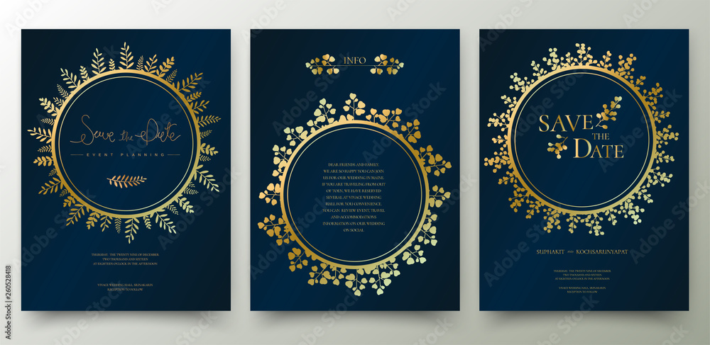 Set of golden floral invitation card.